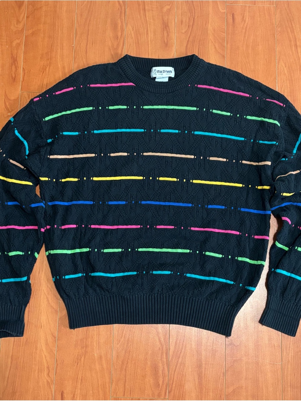 Men's Black Crewneck Sweater with Multicolor Stripes